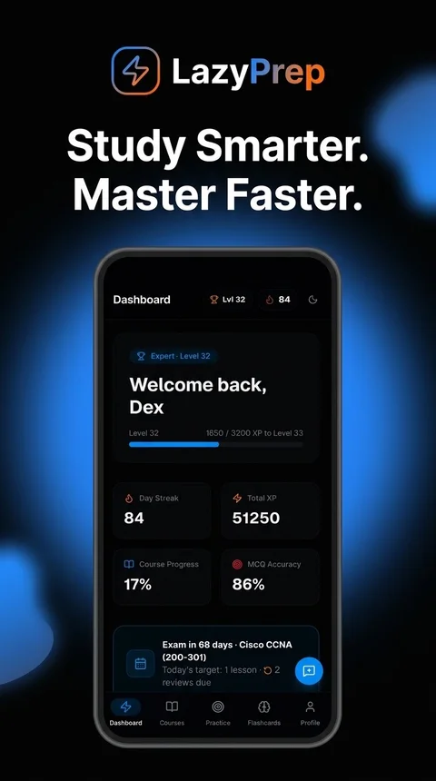 LazyPrep dashboard showing course progress, streak and daily XP